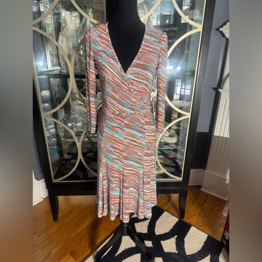 Nine West Orange Blue Ivory Sheath Dress V-Neck Long Sleeve